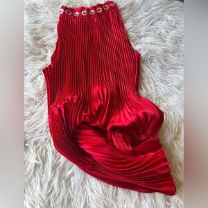 Red Satin Pleated  Dress